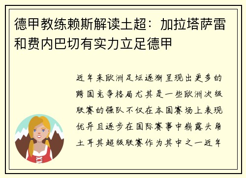 德甲教练赖斯解读土超:加拉塔萨雷和费内巴切有实力立足德甲