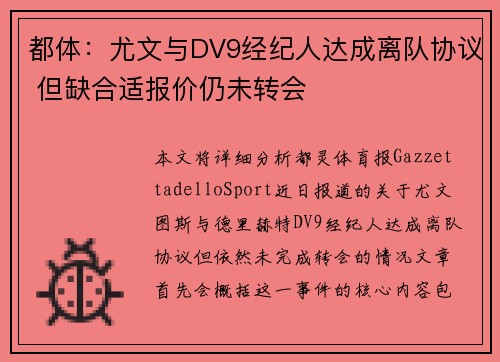 都体:尤文与DV9经纪人达成离队协议 但缺合适报价仍未转会