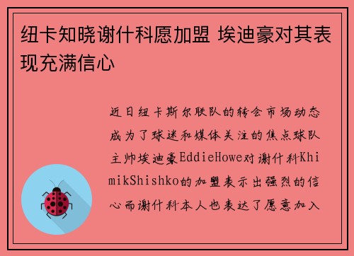 纽卡知晓谢什科愿加盟 埃迪豪对其表现充满信心